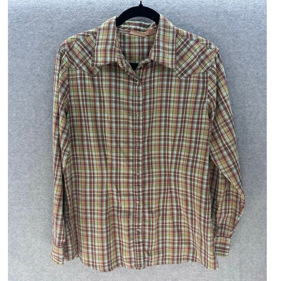 Wrangler Women's sz L Snap Plaid Cotton Shirt LS Blue Brown Green 70s Inspired - Picture 2 of 10